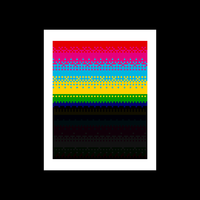 A framed pixel-art style print featuring horizontal bands of rainbow colors (red, pink, blue, yellow, green, purple, black) with repeating geometric patterns across each colored stripe.