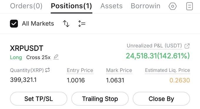 A Binance futures positions screenshot showing a Long position on XRPUSDT with 25x cross leverage, displaying an unrealized P&L of +$24,518.31 (142.61%) on 399,321.1 XRP entered at 1.0016, currently marked at 1.0631 — illustrating the massive gains referenced in the celebratory post about riding the XRP long.