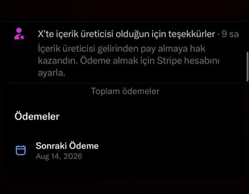 Screenshot of a notification in Turkish from X (Twitter) informing user 'teşekkürler' that as a content creator they are eligible to receive revenue share from X and need to set up a Stripe account. Shows 'Toplam ödemeler' (Total payments) section with a 'Sonraki Ödeme' (Next Payment) scheduled for 'Aug 14, 2026'.