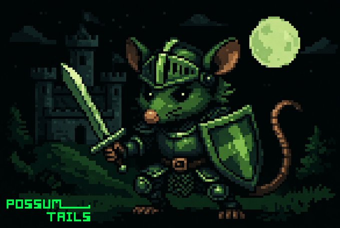 Pixel art illustration of a green armored rat warrior holding a sword and shield at night, with 'POSSUM TAILS' text in the bottom left corner.