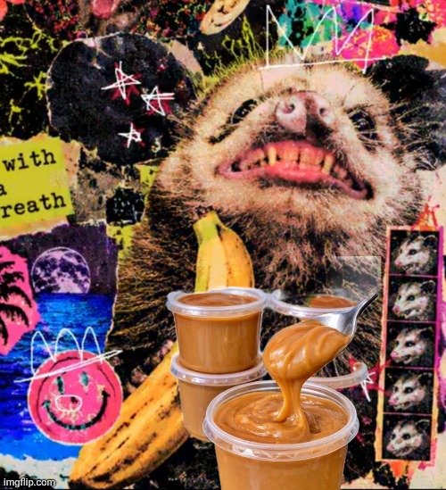 A surreal image featuring three cups of what appears to be caramel sauce or pudding, accompanied by a banana, superimposed over a chaotic collage background including a bear's open mouth and the words 'with a breath'.