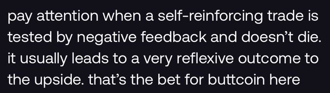 White text on a black background reads: 'pay attention when a self-reinforcing trade is tested by negative feedback and doesn't die. it usually leads to a very reflexive outcome to the upside. that's the bet for buttcoin here'.