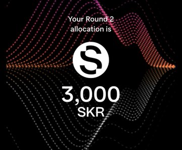 A digital graphic on a black background with pink and purple wave patterns reading 'Your Round 2 allocation is 3,000 SKR'.