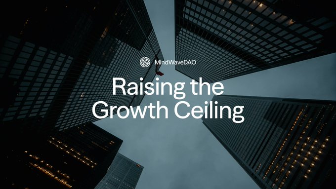 A view looking up at dark skyscrapers with the MindWaveDAO logo and the text 'Raising the Growth Ceiling' displayed in the center.