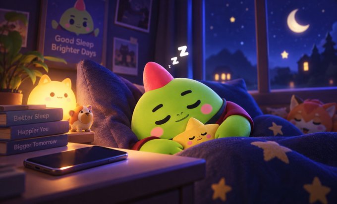 A cute digital illustration of a green character sleeping in bed under a starry blanket with "Z" symbols, next to books titled "Better Sleep, Happier You, Bigger Tomorrow" and a "Good Sleep Brighter Days" poster.