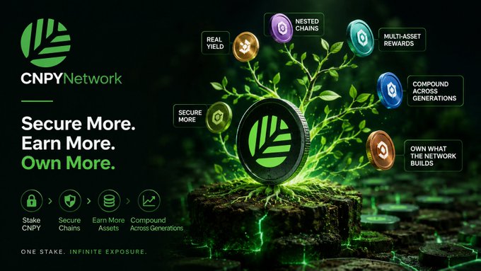 The image is a promotional graphic for CNPY Network, featuring a glowing green tree growing from a coin with the text "Secure More. Earn More. Own More." and "ONE STAKE. INFINITE EXPOSURE," alongside features like Real Yield, Nested Chains, Multi-Asset Rewards, and Own What The Network Builds, visually representing the post's message about staking CNPY to secure and earn across multiple blockchain ecosystems.