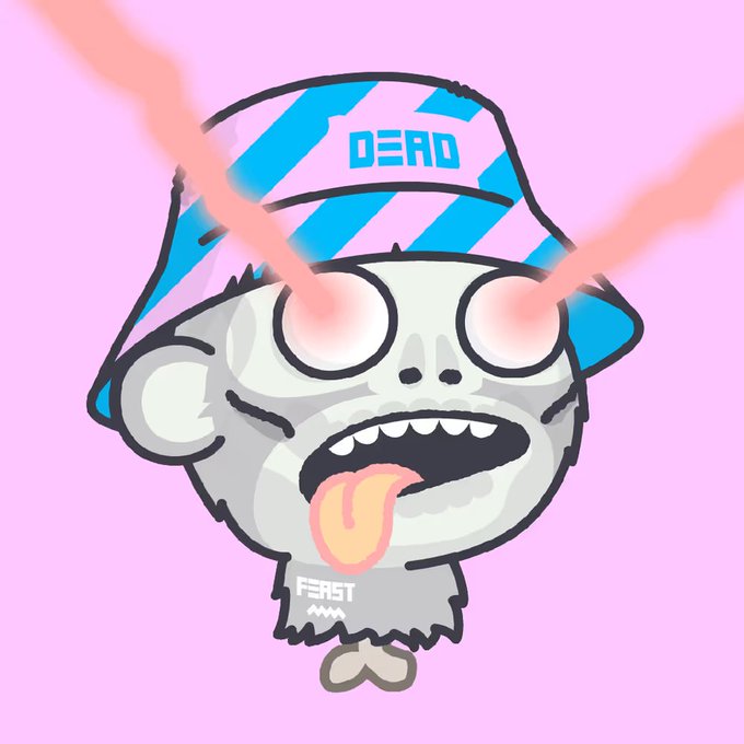 A cartoon character wearing a blue and pink striped bucket hat labeled "DEAD" with glowing red laser eyes shooting outward, against a pink background.