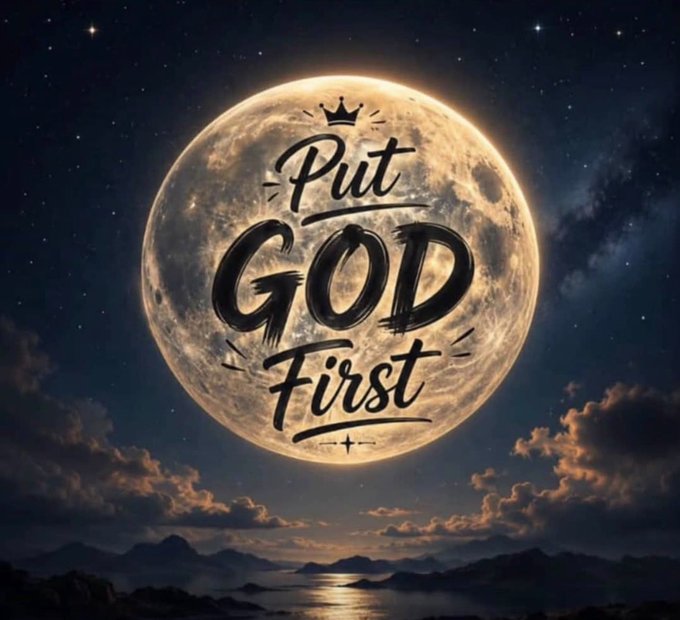 Inspirational graphic featuring a large full moon in a starry sky with stylized text reading 'Put GOD First' and a small crown above the word 'Put'.