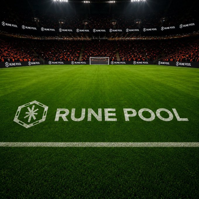 The image shows a packed soccer stadium at night, with "RUNE POOL" branded prominently across the center of the field and repeated along the stadium's perimeter boards as advertising. This visual reinforces the post's spotlight on RunePool, framing the platform as a major player commanding a large-scale "stadium" presence, much like how liquidity access is positioned as the central, foundational "playing field" for AI agents looking to trade and manage capital.