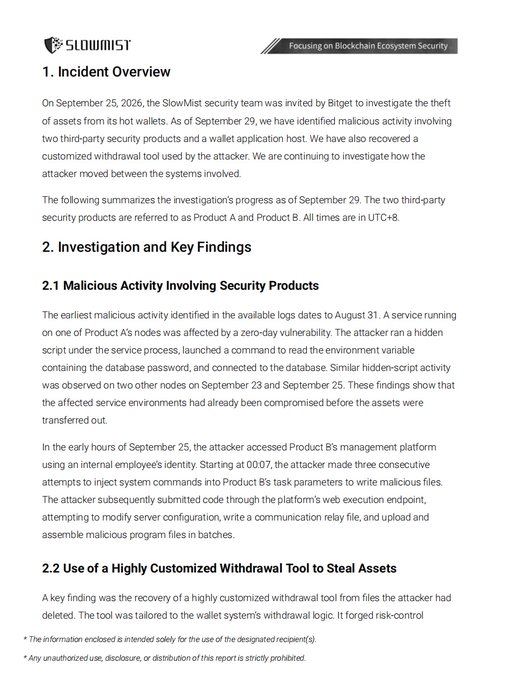 A document from 'SLOWMIST' titled 'Focusing on Blockchain Ecosystem Security' outlines an 'Incident Overview' detailing an investigation into the theft of assets from Bitget hot wallets on September 25, 2026, involving compromised third-party security products.