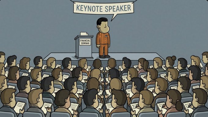 A cartoon illustration of a financial seminar where a small man labeled "KEYNOTE SPEAKER" addresses a large audience.