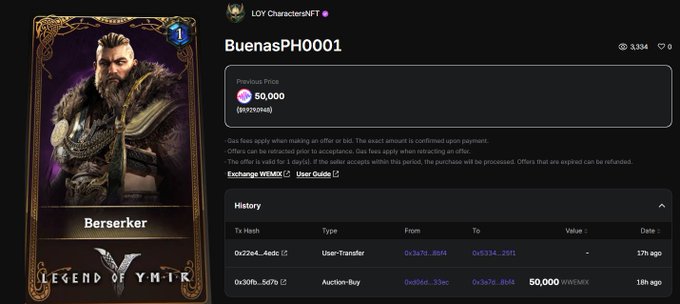 A 'Legend of Ymir' NFT marketplace page showing a character card titled 'Berserker' with user 'BuenasPH0001' selling it at a previous price of 50,000 WEMIX, displaying transaction history including an Auction-Buy value of 50,000 WEMIX.