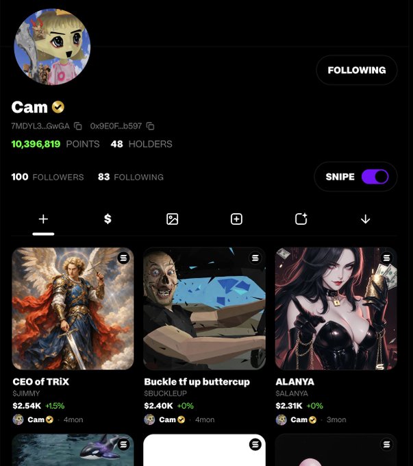 A profile page for user 'Cam' on what appears to be a memecoin platform, showing 10,396,819 points, 48 holders, 100 followers, and tokens like 'CEO of TRIX' ($2.54K), 'Buckle tf up buttercup' ($2.40K), and 'ALANYA' ($2.31K).