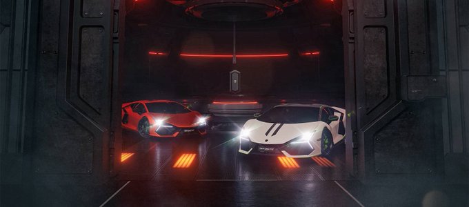 A red and a white Lamborghini are parked inside a dimly lit, industrial-looking garage illuminated by red neon lights.