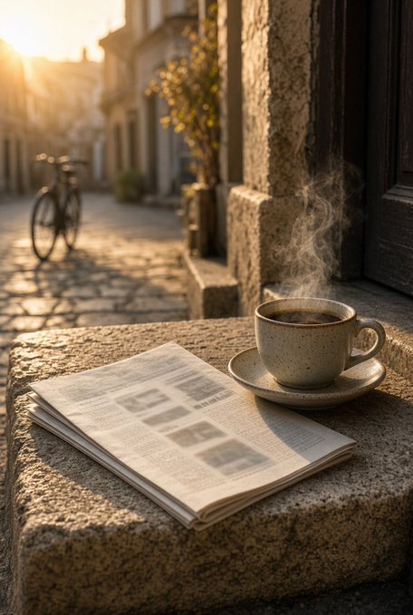 A steaming coffee cup and an open newspaper resting on a stone surface in a sunlit European-style alleyway with a bicycle in the background.