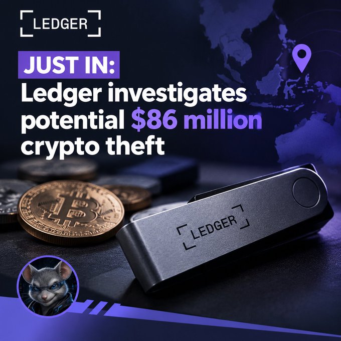 A news graphic from Ledger reporting on a potential $86 million crypto theft, featuring an image of a Ledger hardware wallet alongside a Bitcoin.