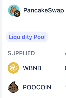 A screenshot from the PancakeSwap app showing a 'Liquidity Pool' section with supplied tokens including WBNB and POOCOIN.