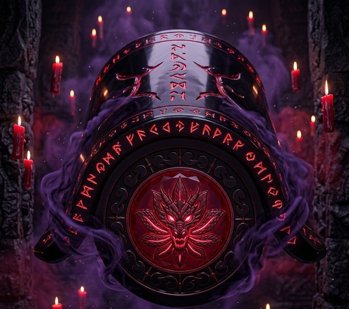 A dark, ornate ceremonial shield with glowing red runes and a demonic emblem at its center, surrounded by purple smoke and lit candles in a gothic setting.