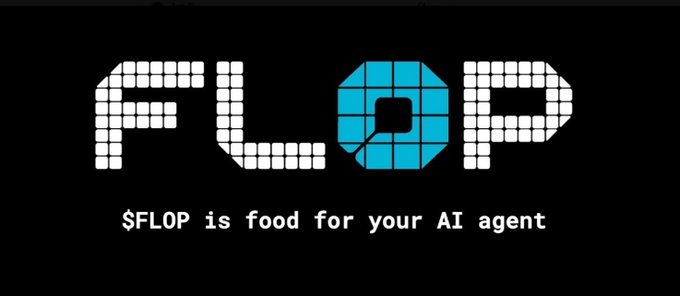 A retro pixel-style logo for '$FLOP' with the tagline '$FLOP is food for your AI agent' displayed on a black background.