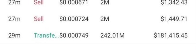 The image shows three on-chain transactions for the token $Sunusi, including two sell orders at $0.000671 and $0.000724 (each for 2M tokens) and a large transfer of 242.01M tokens valued at $181,415.45, illustrating the $180k trade referenced in the post.