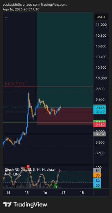 TradingView candlestick chart from 'puskasbinfo' showing USDT price action with resistance at 8,618 and pivots at S1 9,130 and S2 8,957, including an RSI indicator at the bottom.
