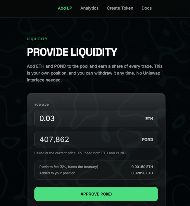 The image shows a "Provide Liquidity" interface for adding 0.03 ETH and 407,862 POND to a liquidity pool, with a 5% platform fee of 0.00150 ETH displayed alongside an "Approve POND" button. It visually corresponds to the post's announcement by illustrating the simplified one-click liquidity provision process between ETH and POND, highlighting the user's own position and withdrawal flexibility.
