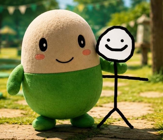 A round, green and beige plush character with rosy cheeks stands on a path next to a simple stick-figure drawing with a smiling face.
