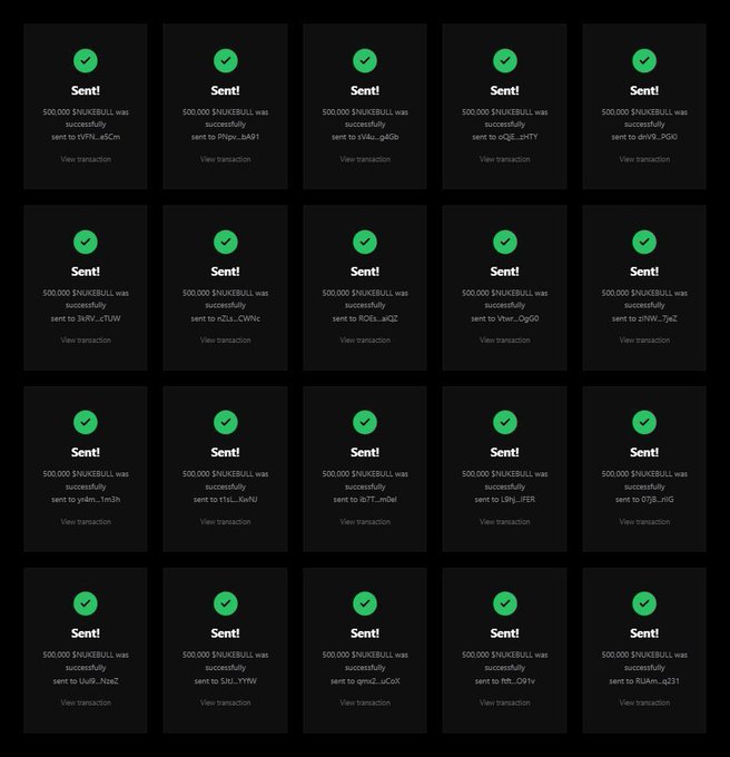 Grid of 20 transaction confirmation receipts showing that 500,000 $NUKEBULL was successfully sent to various wallet addresses, each marked with a green 'Sent!' checkmark.
