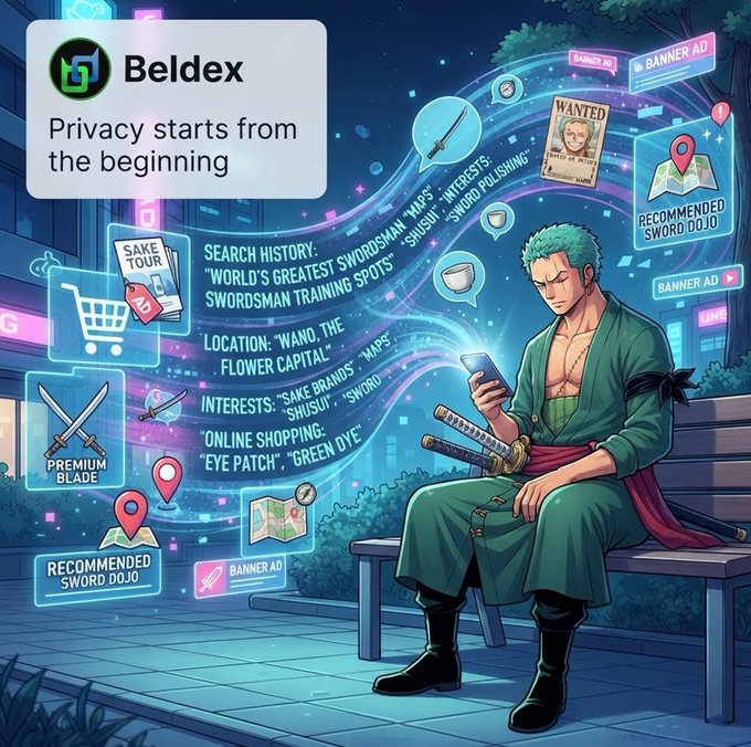 The illustration shows a green-haired anime swordsman sitting on a park bench, surrounded by a swarm of floating digital ads, search histories, and location data—including visible text like "BANNER AD," "RECOMMENDED SWORD DOJO," "SAKE TOUR," "PREMIUM BLADE," and "SEARCH HISTORY: 'WORLD'S GREATEST SWORDSMAN MAPS'"—while looking at his phone. A Beldex banner in the corner reads "Privacy starts from the beginning," reinforcing the post's message that it's better to leave less data behind from the start rather than deal with privacy breaches after the fact, much like the swordsman whose every interest is being tracked and monetized by advertisers.