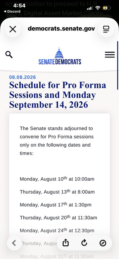 A screenshot of democrats.senate.gov showing the 08.08.2026 announcement titled "Schedule for Pro Forma Sessions and Monday September 14, 2026," listing adjournment dates for Pro Forma sessions only (August 10th through August 31st). The image supports the post's point that the Senate is in recess and not actively voting—helping clarify why the September 15 Clarity Act "date" cannot literally be an in-person cloture vote, since no legislative business is scheduled during this period.