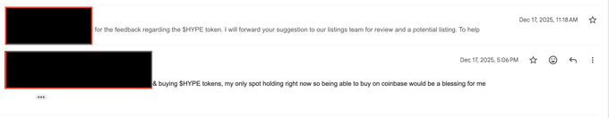 A screenshot of an email exchange dated Dec 17, 2025, where a customer provides feedback about the $HYPE token and requests that the ability to buy on Coinbase be added.