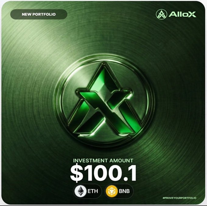 A dark green promotional graphic for AlloX cryptocurrency showing a stylized 'A' logo, labeled "NEW PORTFOLIO" with an "INVESTMENT AMOUNT" of $100.1 accepting ETH and BNB.