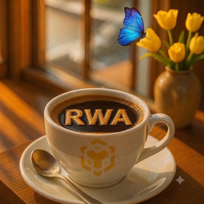 An artistic image of a cappuccino with 'RWA' written in the foam, sitting on a saucer next to a vase of yellow tulips with a blue butterfly, featuring a small cube logo on the cup.