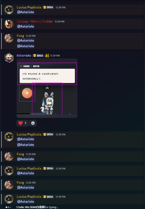 A Discord chat interface showing users mentioning @Astarisfe, with a shared image of a pixel art character saying 'I'M FILING A COMPLAINT INTERNALLY.'