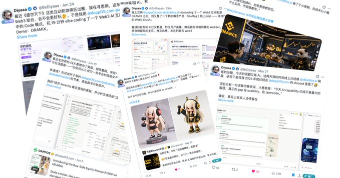 A collage of social media posts from user 'Diyaa' (@diyaa05) showcasing vibe coding, Web3 AI platforms, crypto charts, and 3D character models, dated from May 27 to June 24.