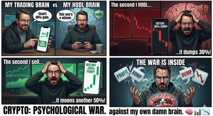 A four-panel comic titled 'CRYPTO: PSYCHOLOGICAL WAR. against my own damn brain' showing a man torn between 'TRADING BRAIN' (smart 10% gain) and 'HODL BRAIN' (this one's a winner), followed by 'INSTANT -30% DUMP' and 'INSTANT +50% PUMP' panels, ending with 'THE WAR IS INSIDE' depicting PROFIT vs DUMP conflict.