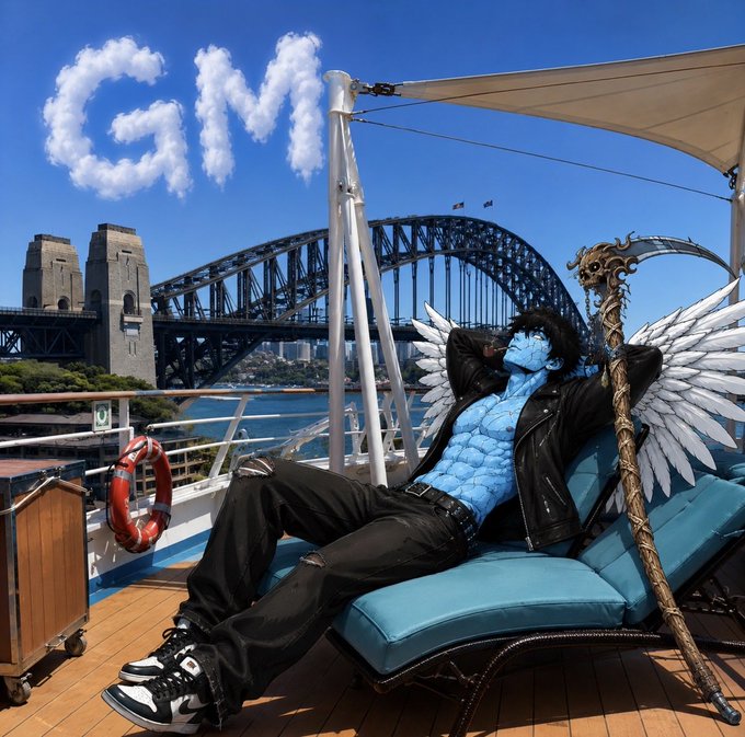 A fantasy character with blue scaly skin, black wings, and a leather jacket lounges on a lounge chair on a boat deck, with the Sydney Harbour Bridge visible in the background and 'CN' written in the clouds.