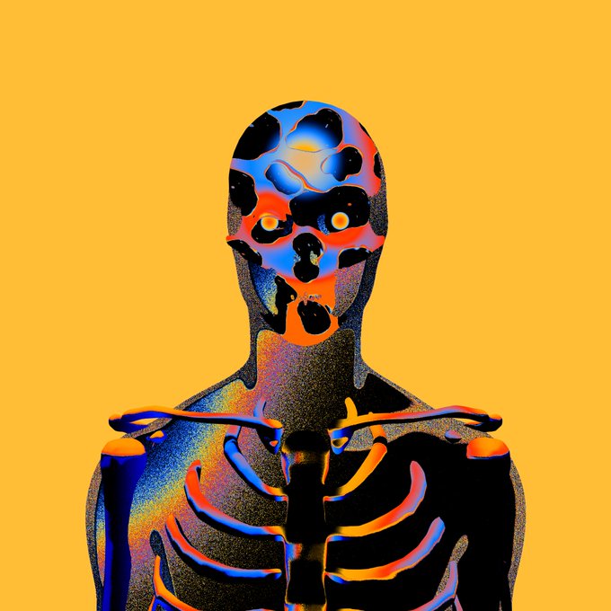 A surreal digital artwork depicting a skeletal figure with a skull-like face featuring multiple holes and blue/orange coloring against a bright yellow background.