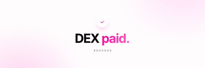 A minimalist logo design on a pink gradient background that reads 'DEX paid.' with '$SHOOKS' written in smaller text below it.