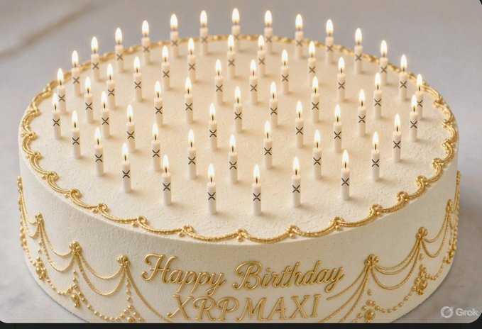 A white birthday cake decorated with gold icing and many lit candles, with 'Happy Birthday XRPMAXI' written in gold lettering on the side.