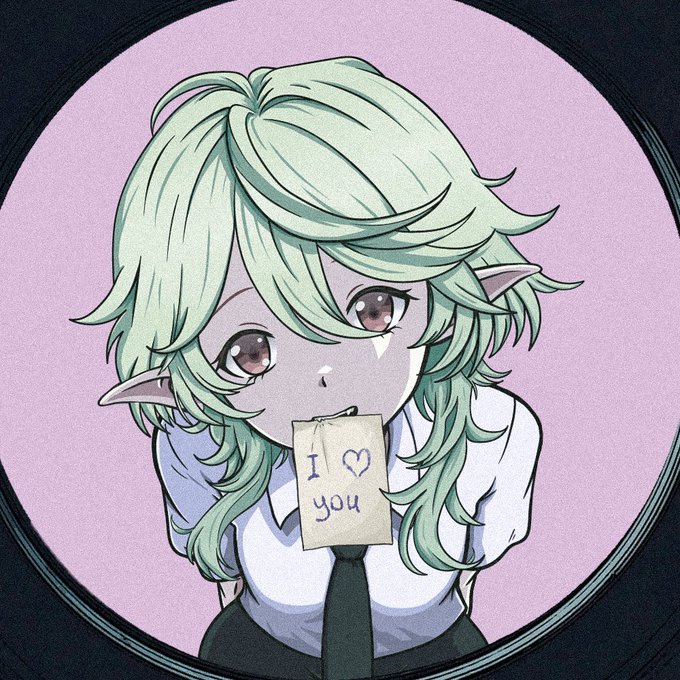 An anime-style illustration shows a green-haired, elf-eared character in a white shirt and black tie holding a note reading "I ♡ you" in their mouth, framed within a circular vinyl record design. The image's "I ♡ you" message and romantic undertone playfully suggest fan affection, tying into the celebratory post congratulating the artist on their sold-out success.