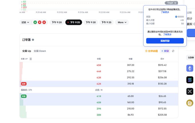 A trading dashboard displaying real-time stock price fluctuations around 9:21-9:25 AM with an order book showing transaction volumes (e.g., 307.20, 275.22, 292.55 shares at prices around $426-$456) and totals ranging from $26.65 to $377.18, accompanied by a popup advertising liquidity rewards of up to 7% APY.