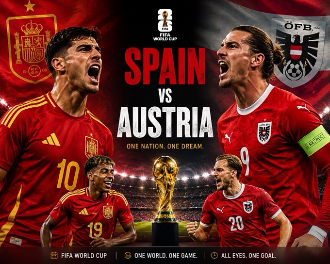 The image is a FIFA World Cup promotional graphic featuring Spain vs. Austria, showing Spanish players in red kits with numbers 10 and 19 alongside Austrian players wearing number 9 and 20, with the World Cup trophy centered and text reading "ONE NATION. ONE DREAM." and "SPAIN VS AUSTRIA." The graphic supports the prediction contest post inviting users to forecast the Spain vs. Austria match outcome for a chance to win $15 in USDT prizes.