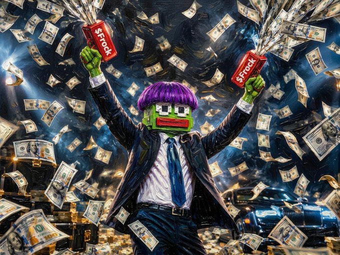 An AI-generated illustration of a green pixelated character in a suit holding two red cans labeled '$Prock' while money rains down around him.