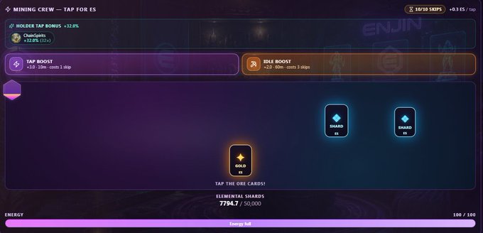 A 'MINING CREW — TAP FOR LS' interface displaying Elemental Shards (7794.7/50000), with options for 'TAP BOOST' and 'IDLE BOOST' above three card slots: 'ORE I' (5x), 'SHARD IV' (5x), and 'SHARD III' (5x).