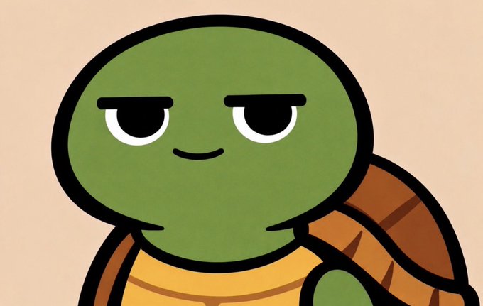 A cartoon green turtle with a smug expression and a subtle smile is shown against a peach background. The turtle's relaxed, knowing demeanor humorously implies a sense of reassurance or smugness, fitting with the post's message that "the PumpFun app is still working guys btw."