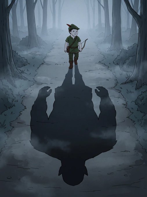 An illustration of a small figure resembling Robin Hood standing on a foggy forest path, casting a large, menacing shadow of a horned monster.