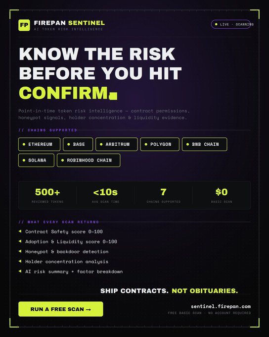 Promotional graphic for FIREPAN SENTINEL, an AI token risk intelligence tool that scans contracts across 7 chains including Ethereum, Base, and Solana, featuring stats like 500+ tokens reviewed and under 10s scan time.