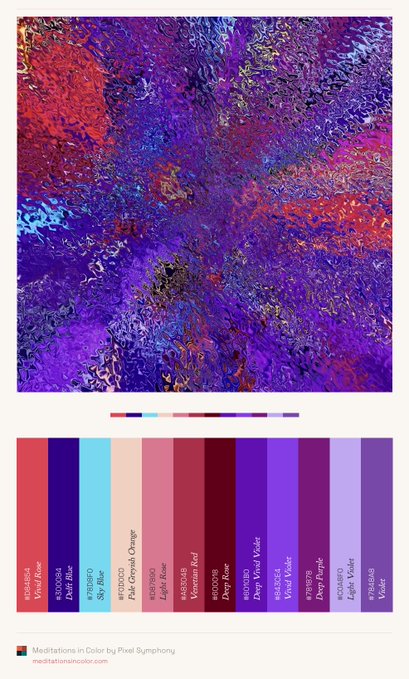An abstract color palette image titled 'Meditations in Color by Pixel Symphony' featuring purples, pinks, and blues, with labeled color swatches including 'Viril Rose', 'Dark Blue', 'Sky Blue', and 'Deep Purple'.