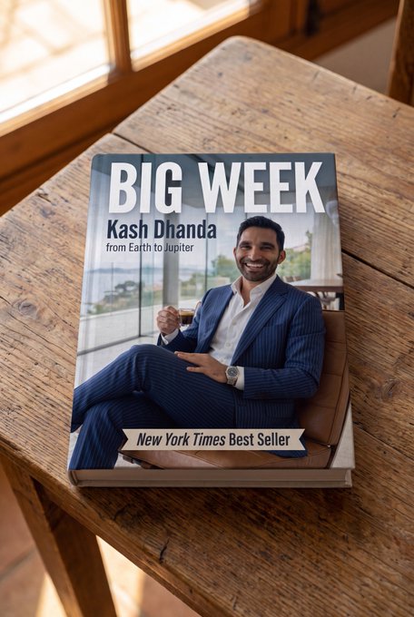 A book titled 'BIG WEEK' by Kash Dhanda subtitled 'from Earth to Jupiter' marked as a New York Times Best Seller, shown resting on a wooden table with the author pictured on the cover in a blue suit.